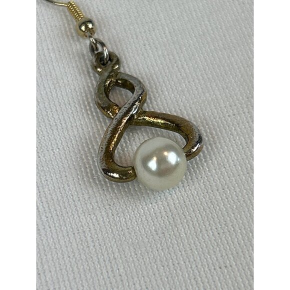Vintage Swirl Twist Faux Pearl Drop Earrings Hook Gold Tone - Picture 2 of 8